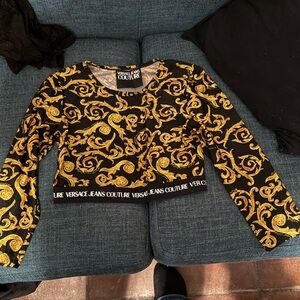 Versace Jeans Couture Black and Gold Baroque Long Sleeve Crop Top